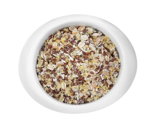 Photo of Granola in bowl on white background, top view. Healthy snack