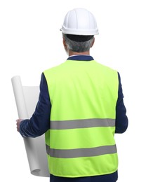 Photo of Architect in hard hat holding draft on white background, back view