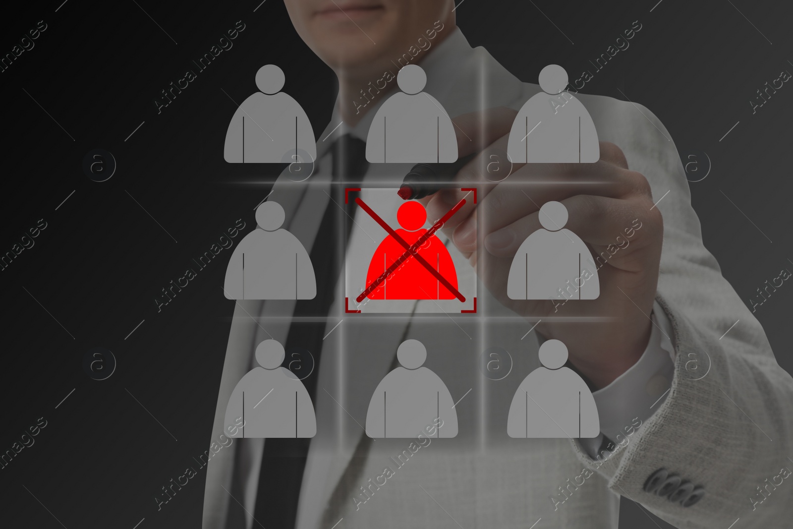 Image of Deciding whether to dismiss employee. Man with marker near virtual screen, closeup