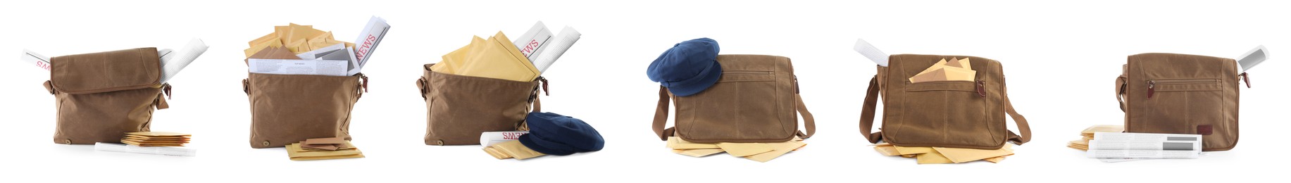 Image of Set with different postman's bags with mails and newspapers on white background. Banner design