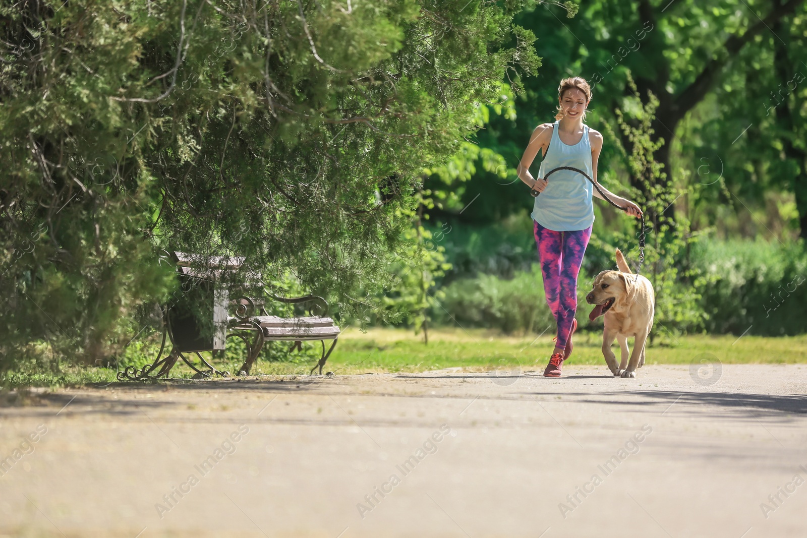 Photo of Young woman and her dog spending time together outdoors. Pet care