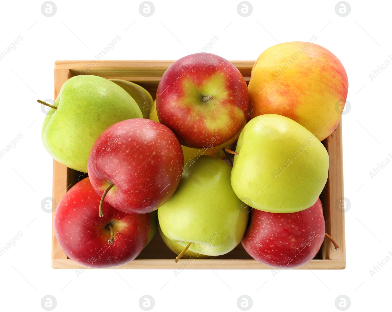 Photo of Wooden crate full of fresh apples on white background, top view