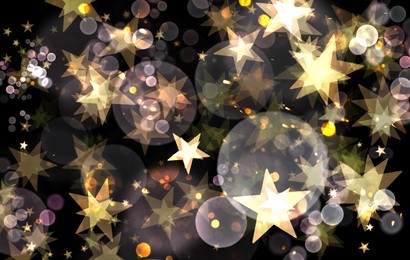 Image of Many beautiful shimmering stars and blurred lights on black background. Bokeh effect