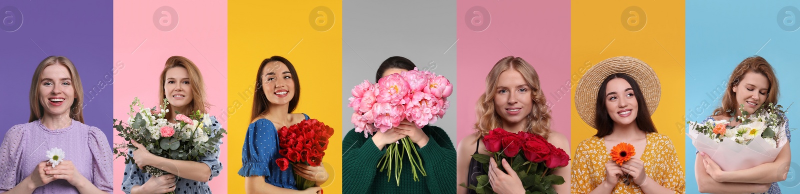 Image of Charming ladies with beautiful flowers on different colors backgrounds, collage. 8 March - Happy Women's Day