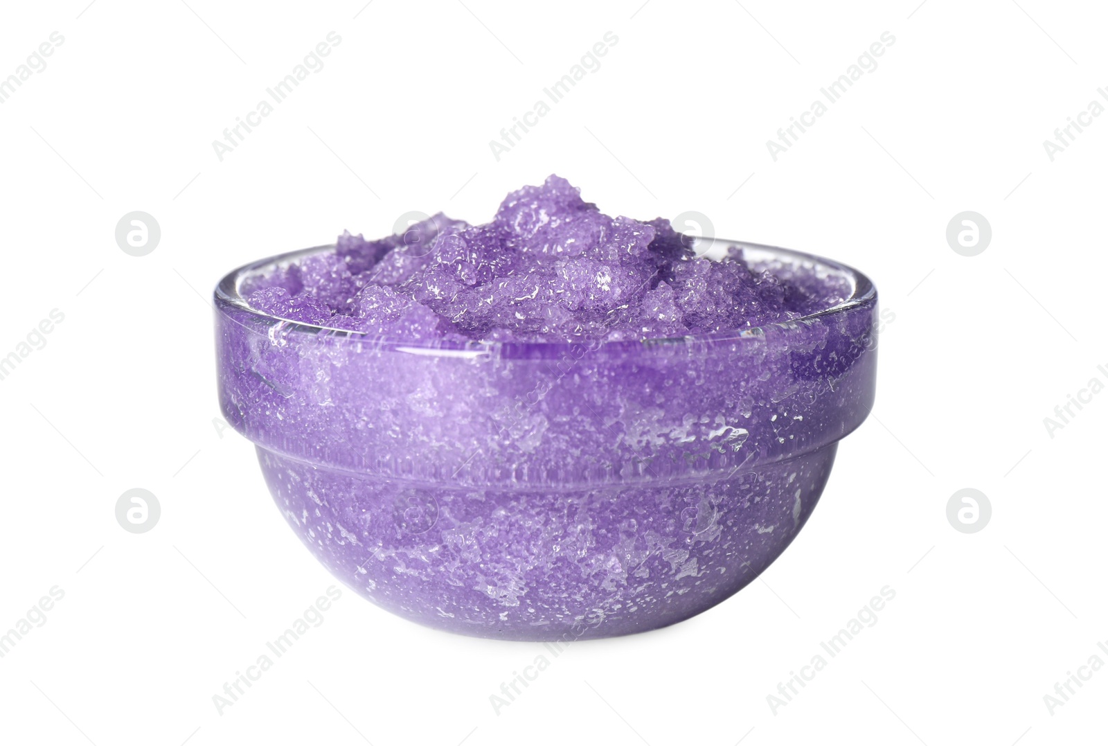 Photo of Glass bowl of purple body scrub isolated on white