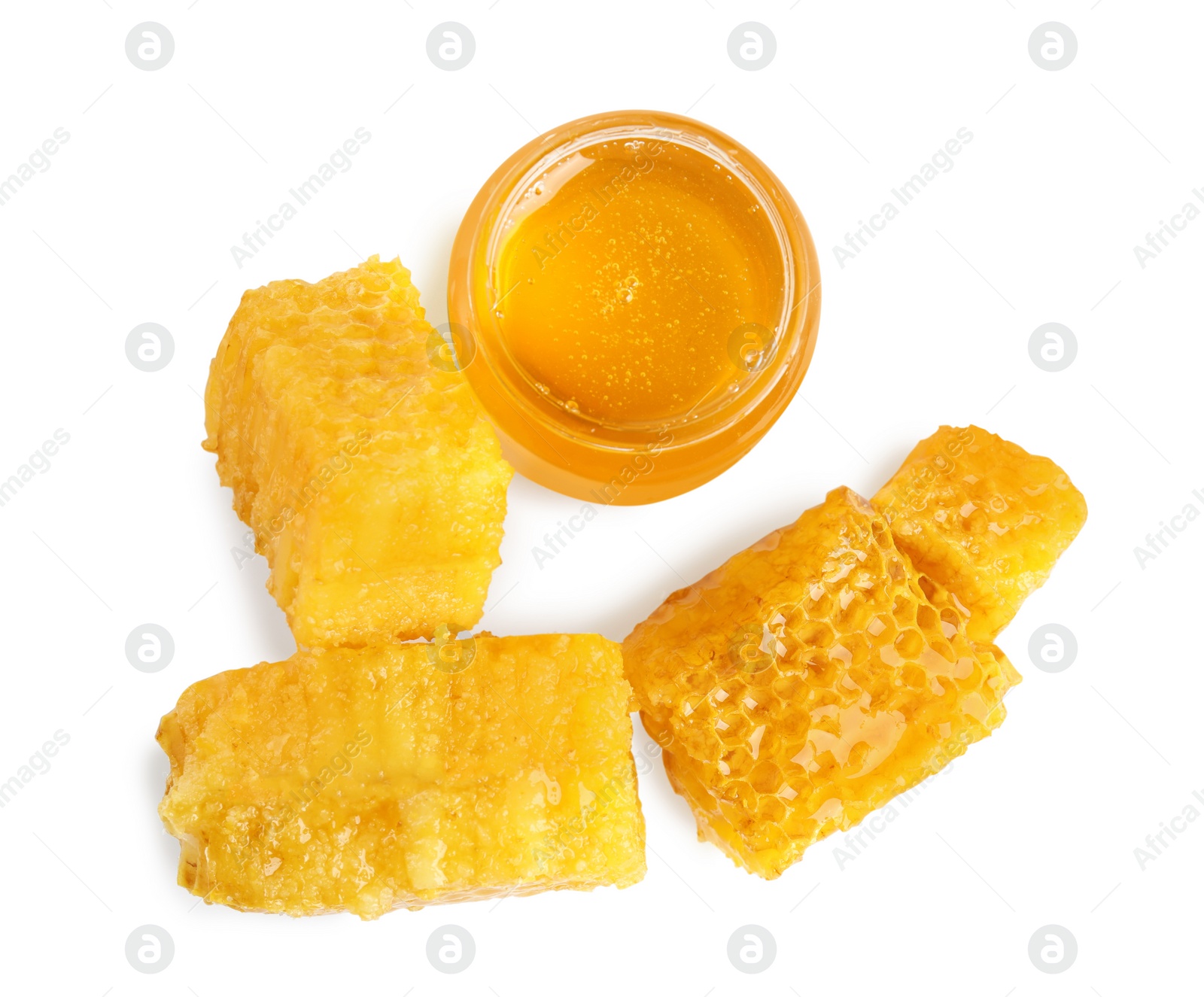 Photo of Composition with fresh honey on white background, top view