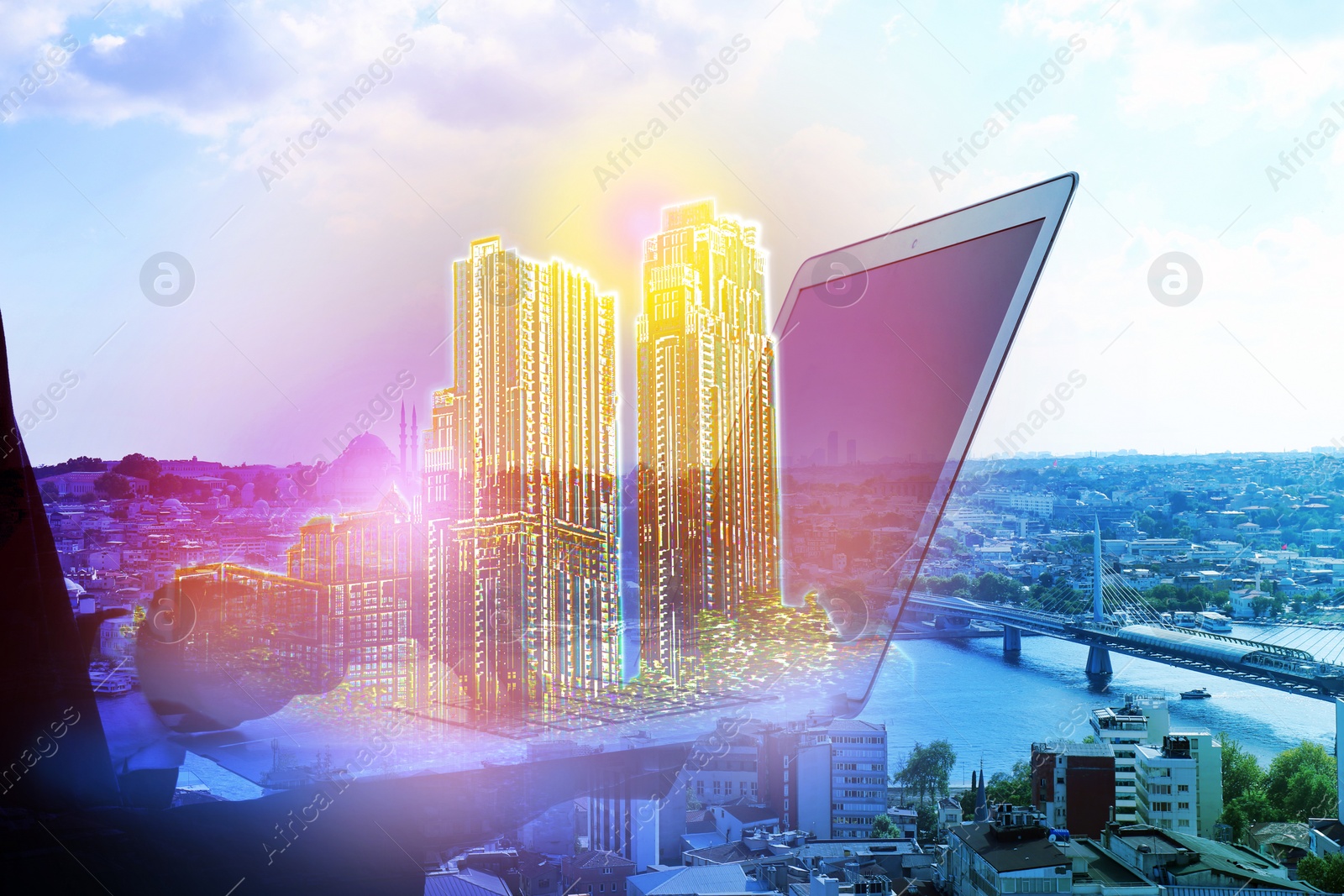 Image of Young man with laptop and virtual image of buildings, closeup. Modern technology