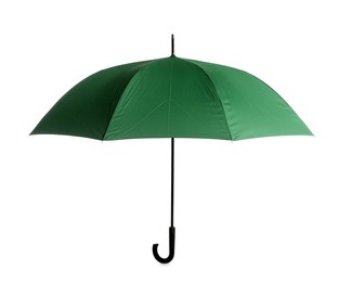 Stylish open green umbrella isolated on white