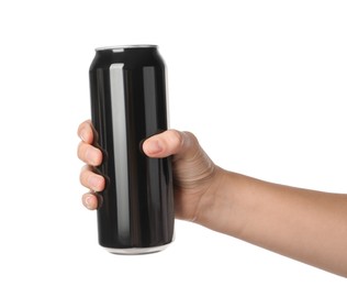 Photo of Woman holding black aluminum can on white background, closeup