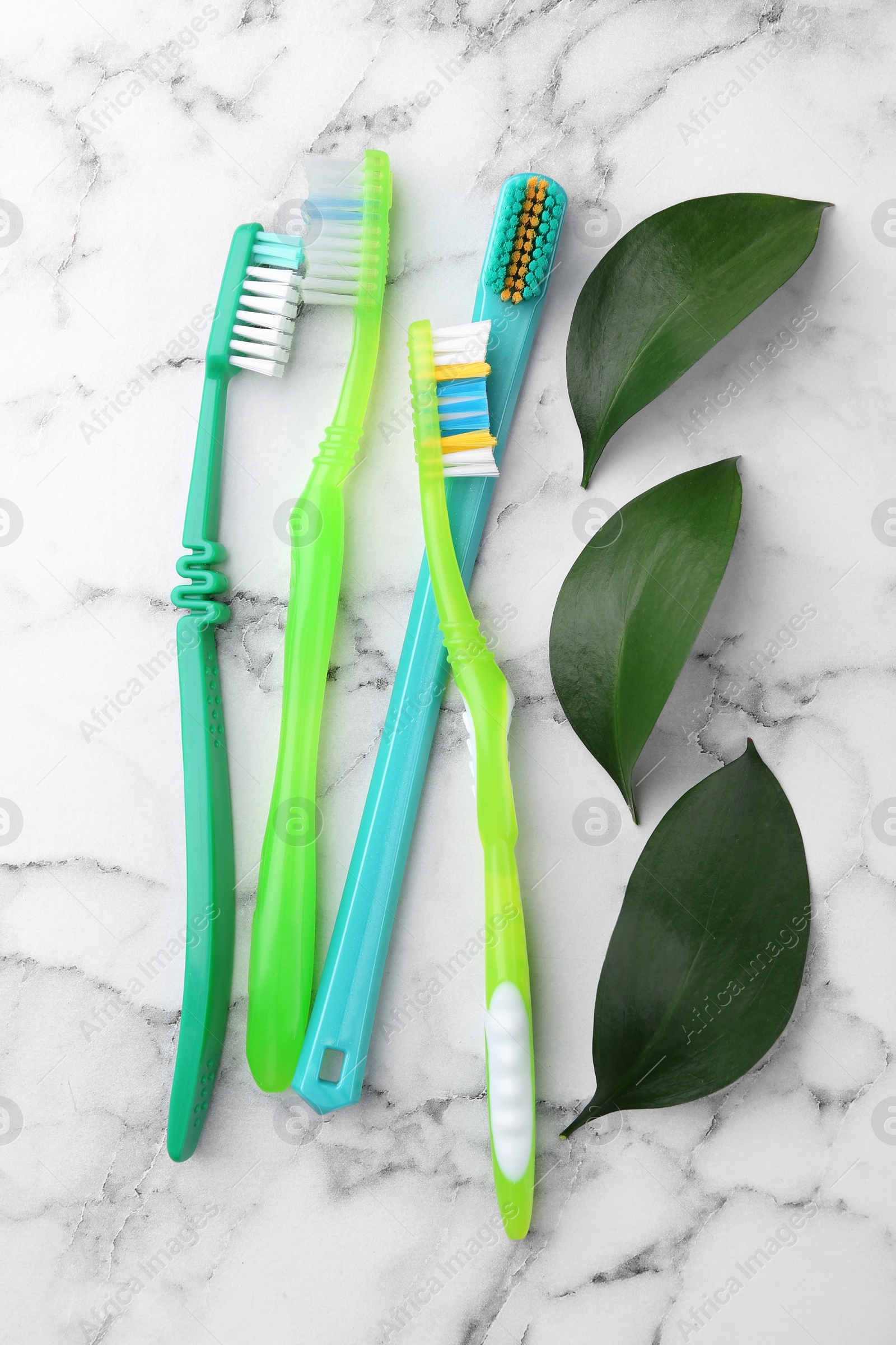 Photo of Colorful plastic toothbrushes and green leaves on white marble table, flat lay