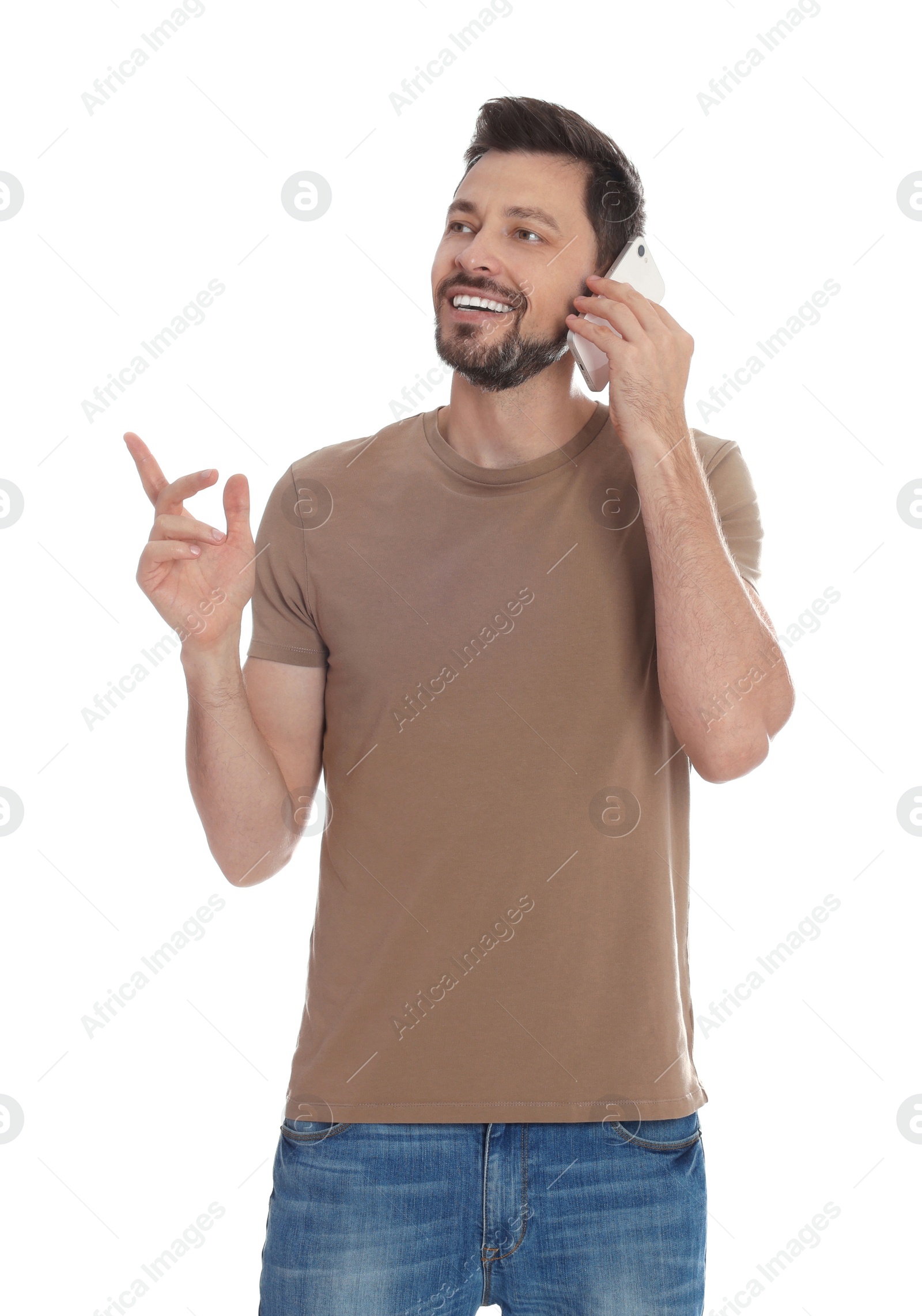 Photo of Man talking on phone against white background