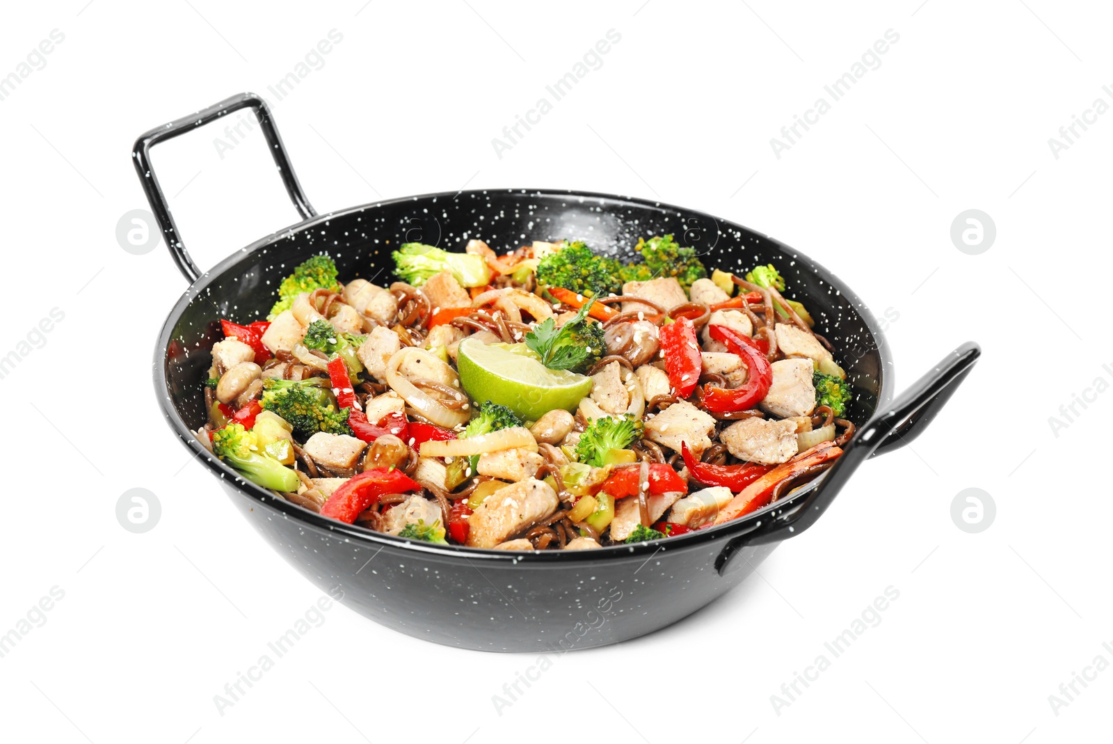 Photo of Stir-fry. Tasty noodles with meat and vegetables in wok isolated on white