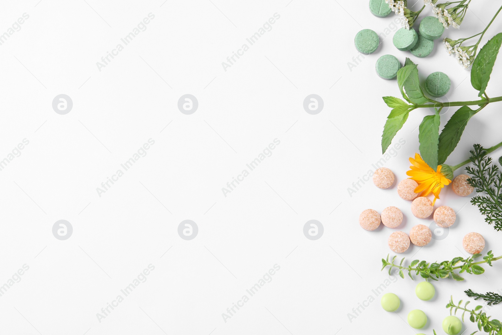 Photo of Different pills, herbs and flowers on white background, flat lay with space for text. Dietary supplements