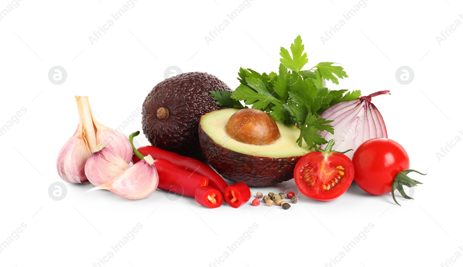 Photo of Fresh ingredients for guacamole on white background