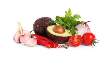 Photo of Fresh ingredients for guacamole on white background