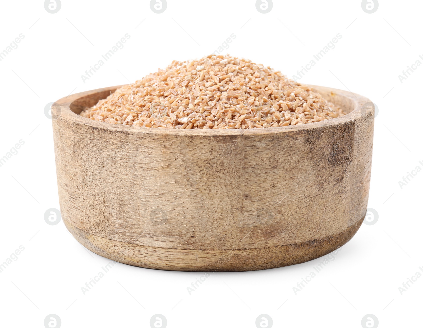 Photo of Dry wheat groats in bowl isolated on white