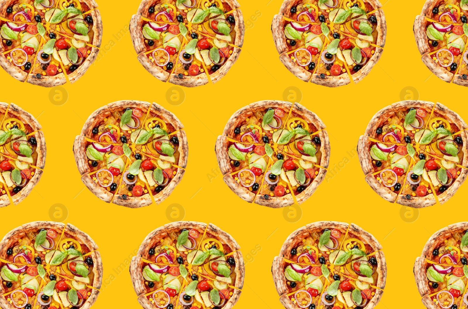 Image of Vegetable pizza pattern design on yellow background