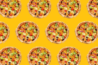 Image of Vegetable pizza pattern design on yellow background