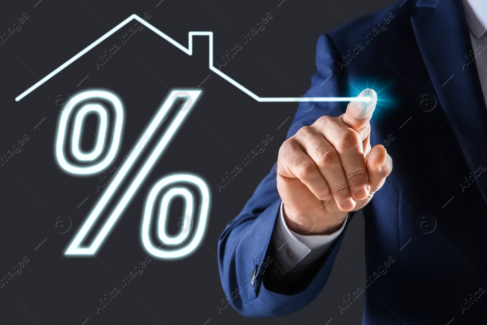 Image of Mortgage. Man drawing house roof and percent sign on virtual screen against dark grey background, closeup