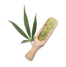 Scoop of hemp protein powder and leaf isolated on white, top view