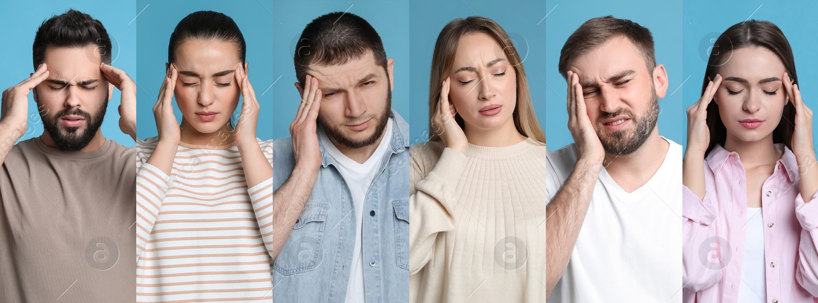 Image of Collage with photos of people suffering from headache on light blue background. Banner design