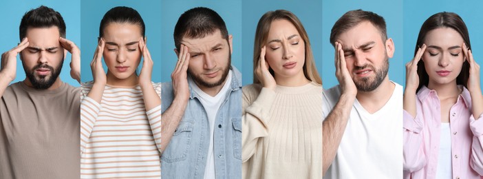 Image of Collage with photos of people suffering from headache on light blue background. Banner design