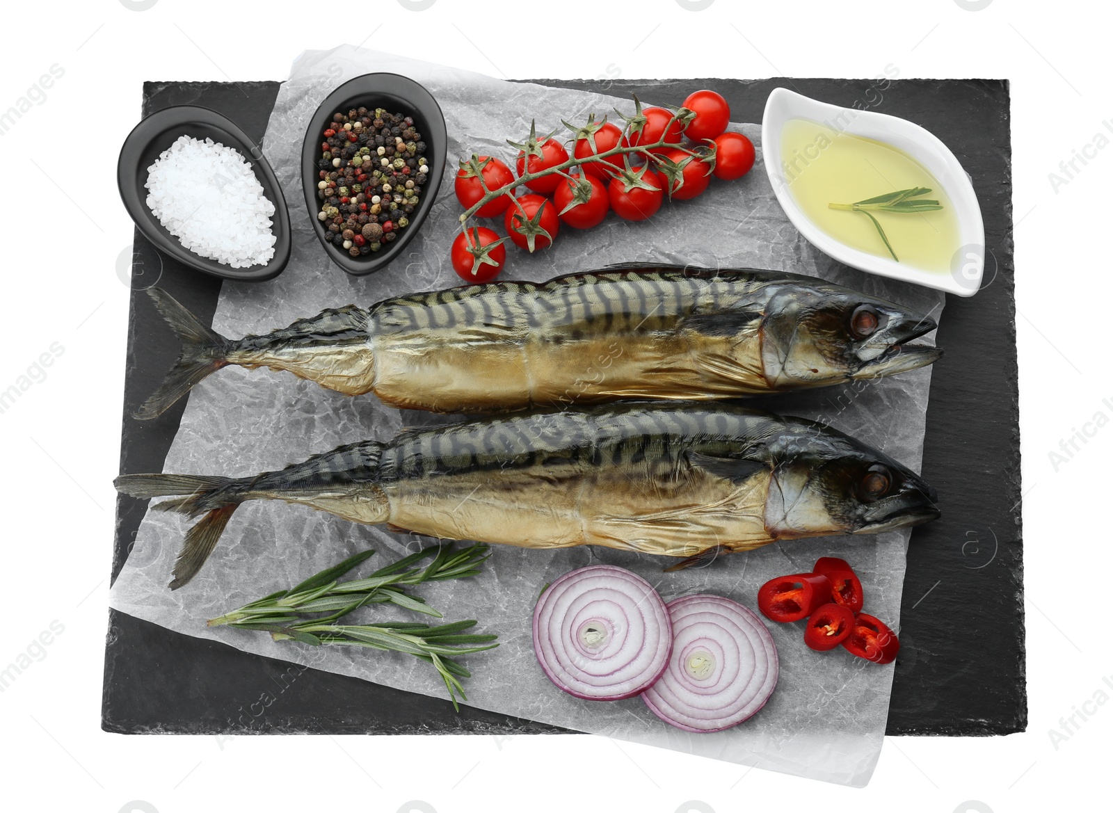 Photo of Delicious smoked mackerels and products on white background, top view