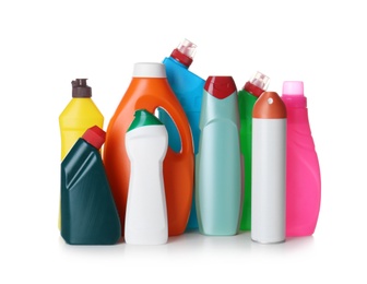 Photo of Different detergents on white background. Cleaning supplies