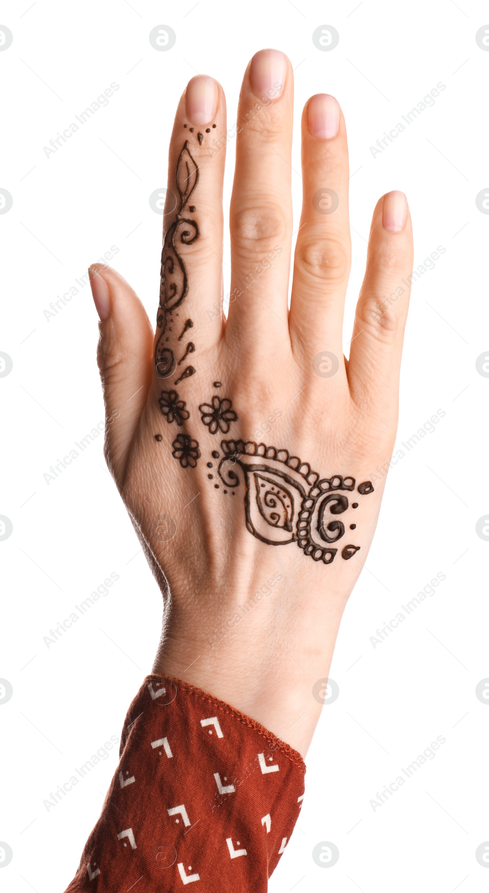 Photo of Woman with henna tattoo on hand against white background, closeup. Traditional mehndi ornament