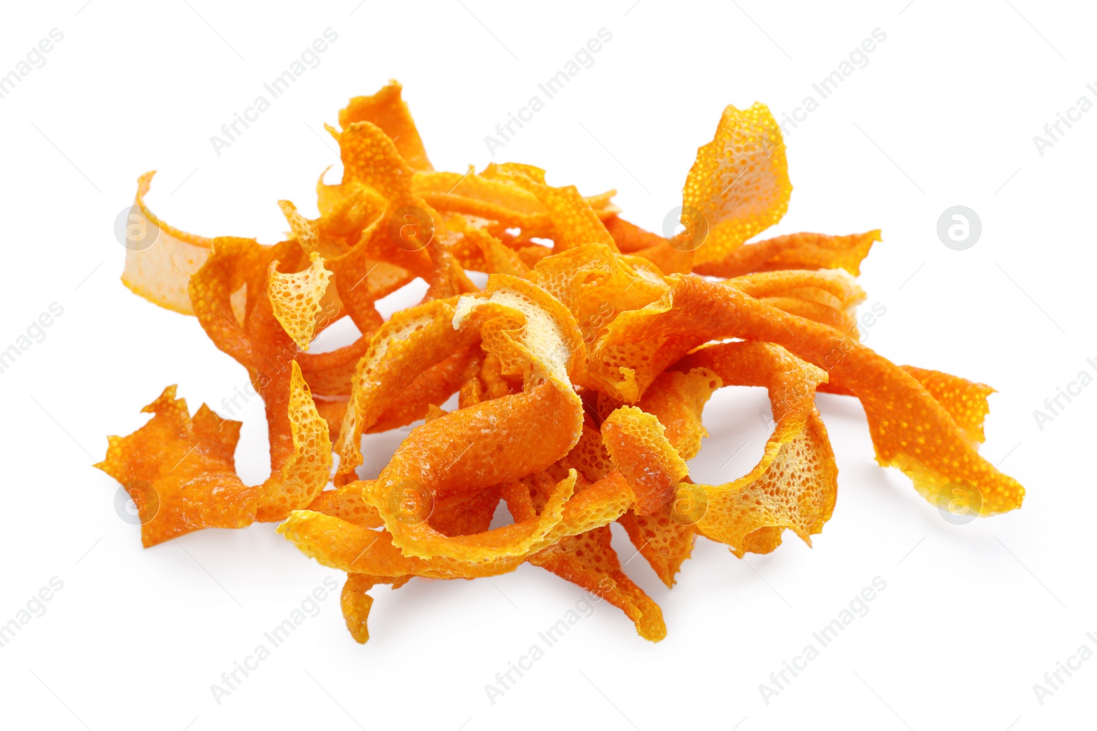 Photo of Pile of dry orange peels on white background