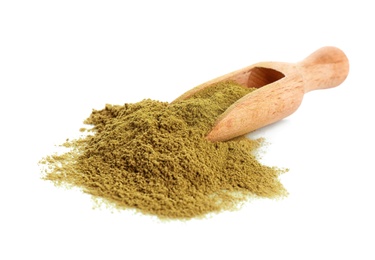 Photo of Scoop with hemp protein powder on white background