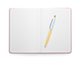 Photo of Open blank office notebook and pen isolated on white, top view