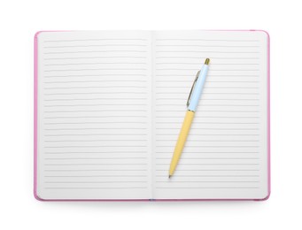 Open blank office notebook and pen isolated on white, top view