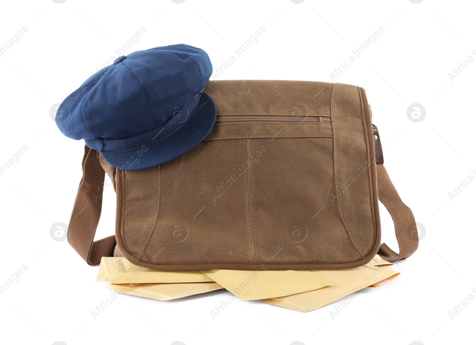 Photo of Brown postman's bag, envelopes and hat on white background