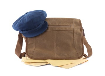 Photo of Brown postman's bag, envelopes and hat on white background