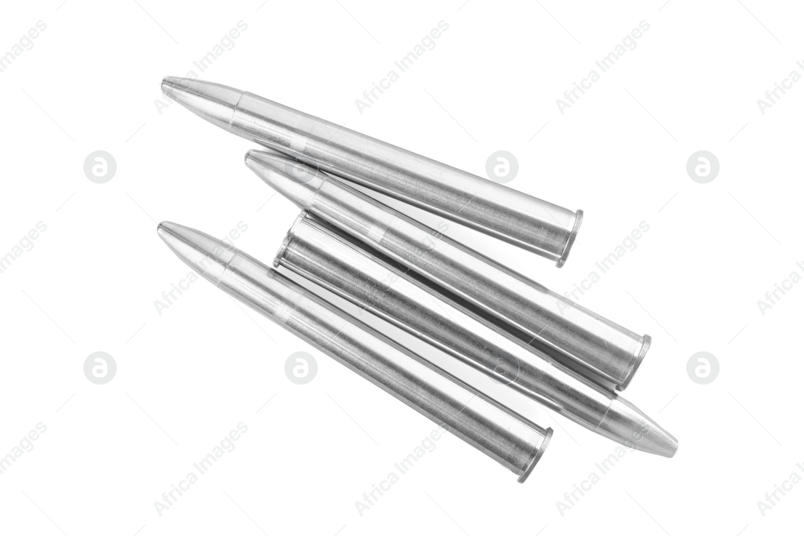 Photo of Metal bullets isolated on white, top view. Military ammunition