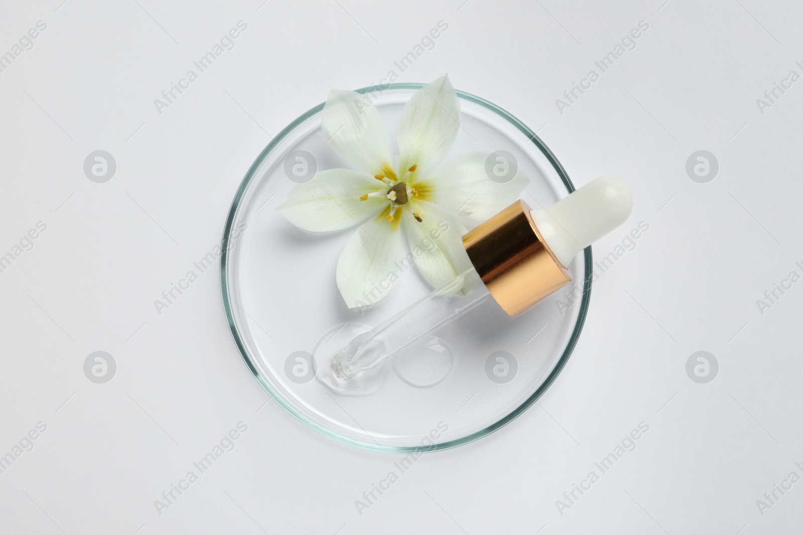 Photo of Petri dish with sample of cosmetic oil, pipette and beautiful flower on white background, top view