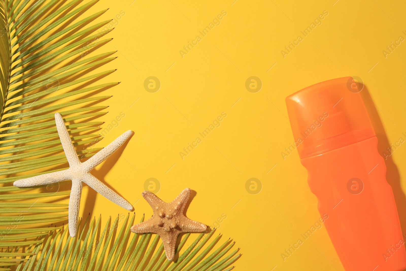 Photo of Sunscreen, sea stars and tropical leaves on yellow background, flat lay and space for text. Sun protection care