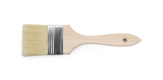 Photo of One wooden paint brush isolated on white, top view
