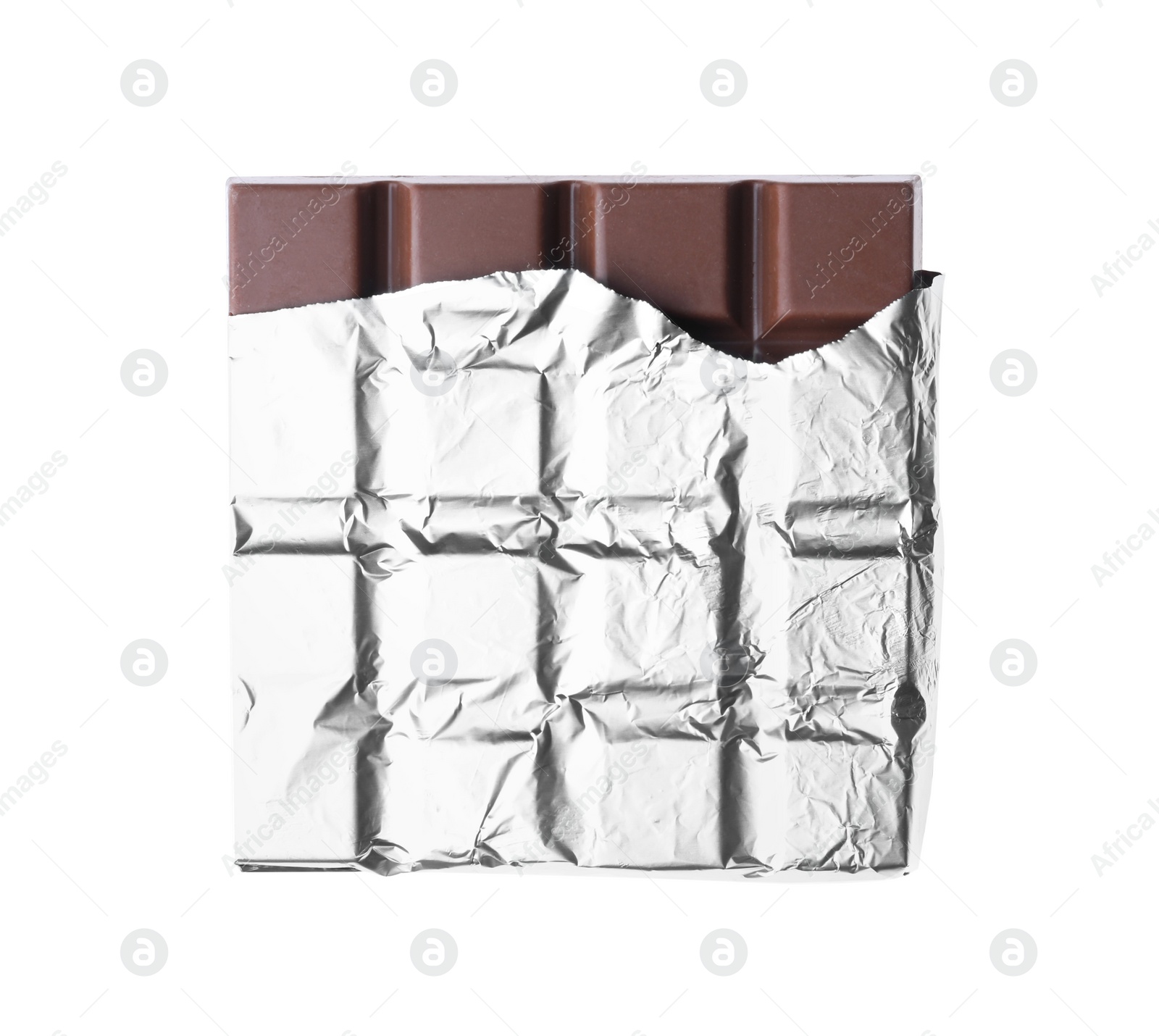 Photo of Delicious milk chocolate bar wrapped in foil isolated on white