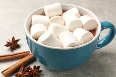 Photo of Tasty hot chocolate with marshmallows and spices on light grey table, closeup