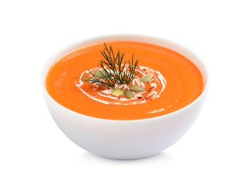 Photo of Delicious pumpkin soup in bowl isolated on white