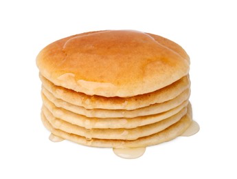 Photo of Stack of tasty pancakes with honey isolated on white