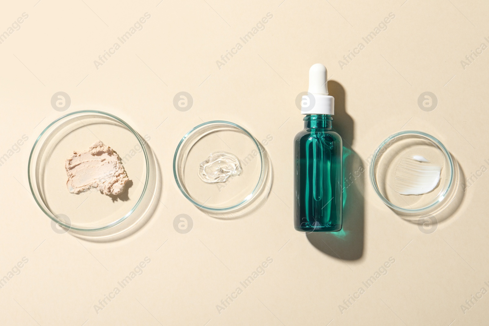 Photo of Bottle of cosmetic serum and petri dishes with samples on beige background, flat lay