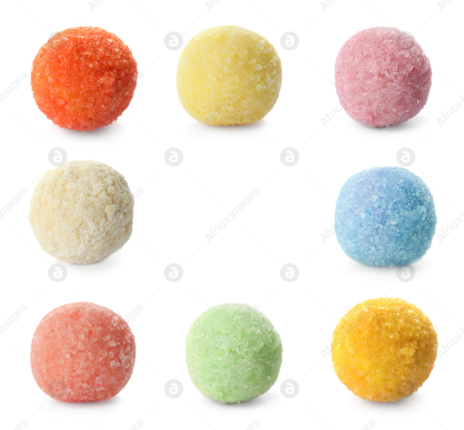 Image of Set with colorful chocolate candies on white background