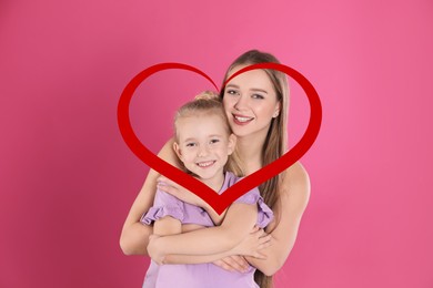 Image of Illustration of red heart and happy mother with little daughter on pink background