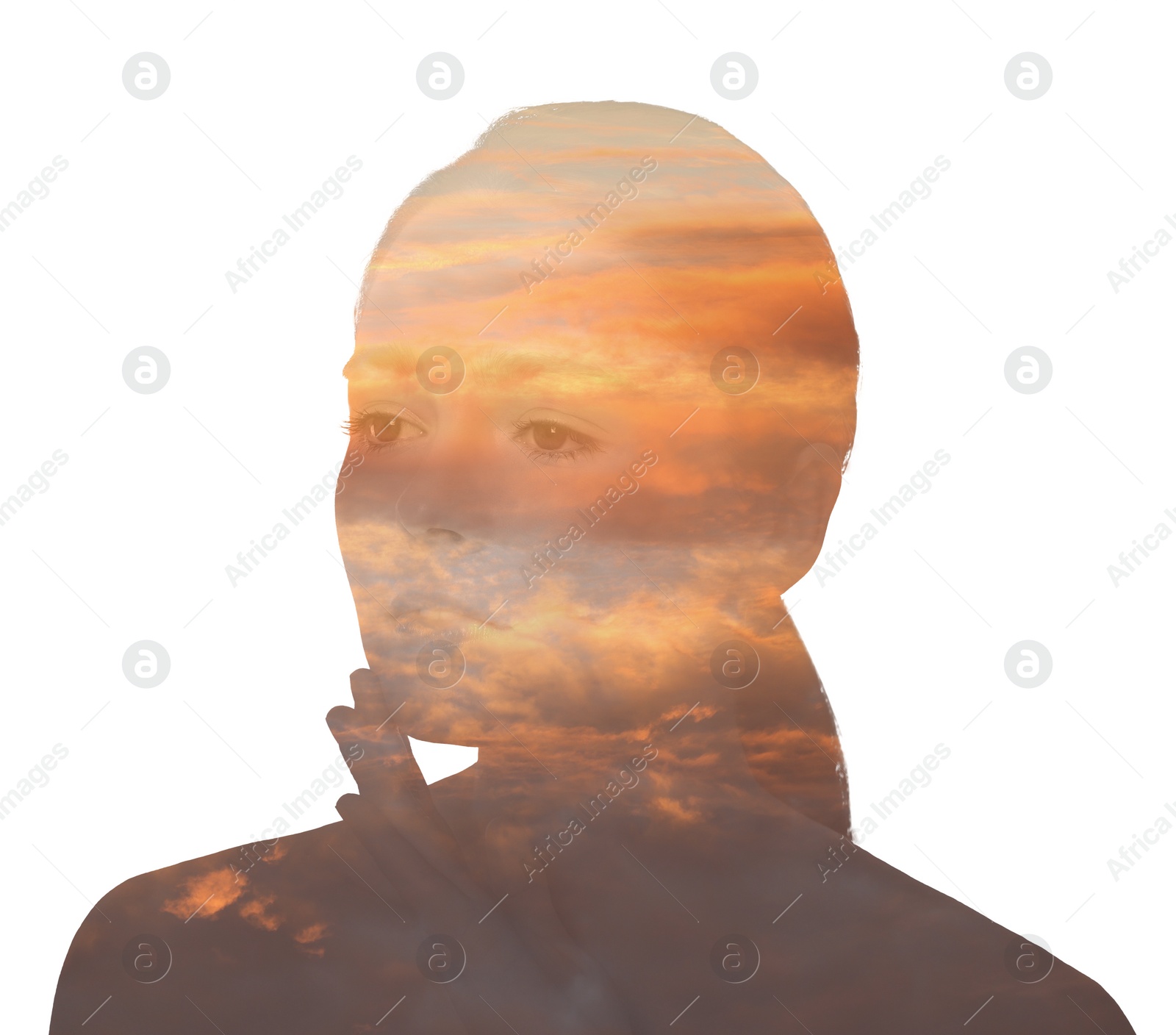 Image of Silhouette of beautiful woman and sunset sky on white background, double exposure