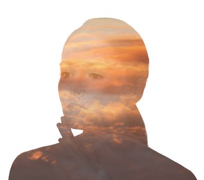 Image of Silhouette of beautiful woman and sunset sky on white background, double exposure