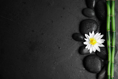 Stones, bamboo, lotus flower and space for text on wet black background, flat lay. Zen lifestyle