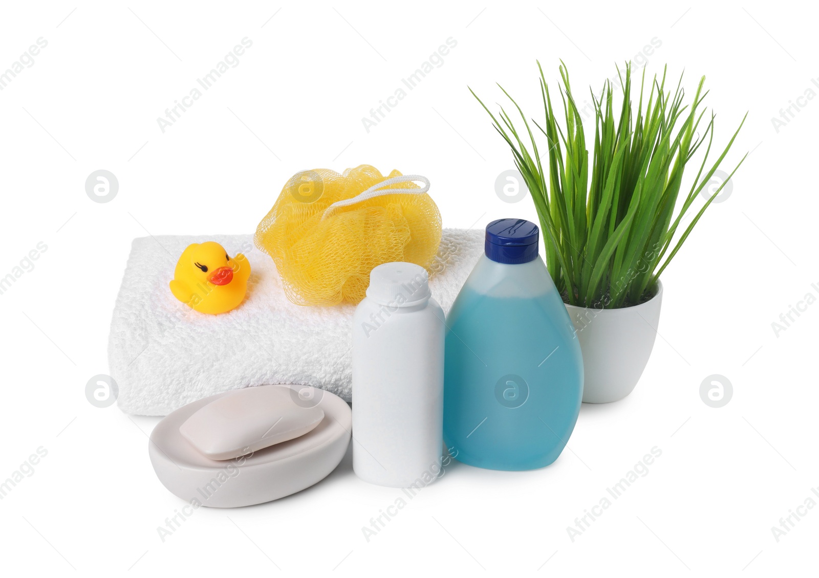 Photo of Baby cosmetic products, bath duck, sponge and towel isolated on white